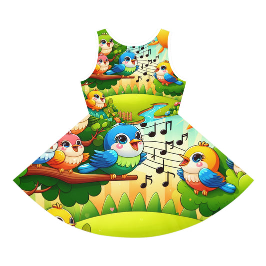 Charming image of a young girl wearing the Isabella Bambino vibrant summer sundress adorned with colorful cartoon birds and floral patterns, designed by Dazzling Dreams Studio.
