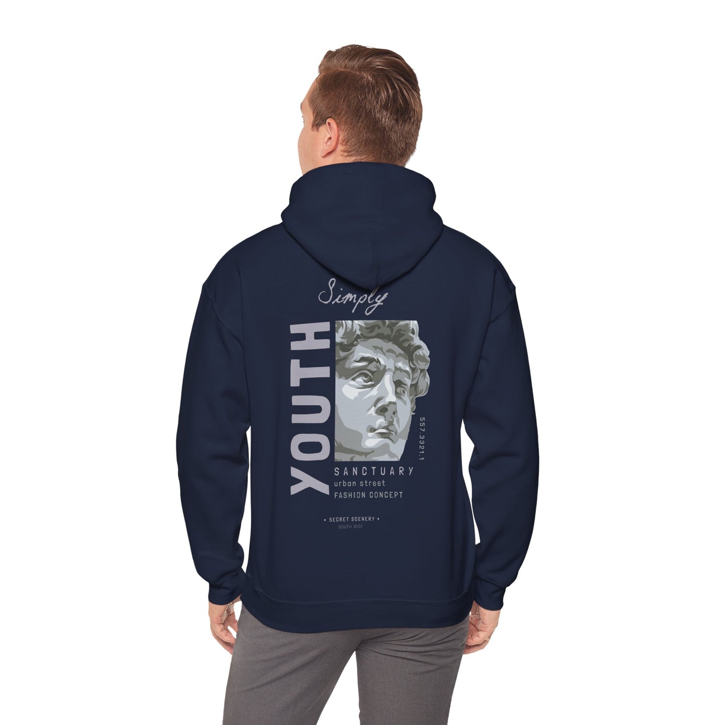 Elegant youth sanctuary hoodie displayed on a model, featuring a striking back print with artistic graphics and contemporary styling, epitomising urban fashion sophistication.