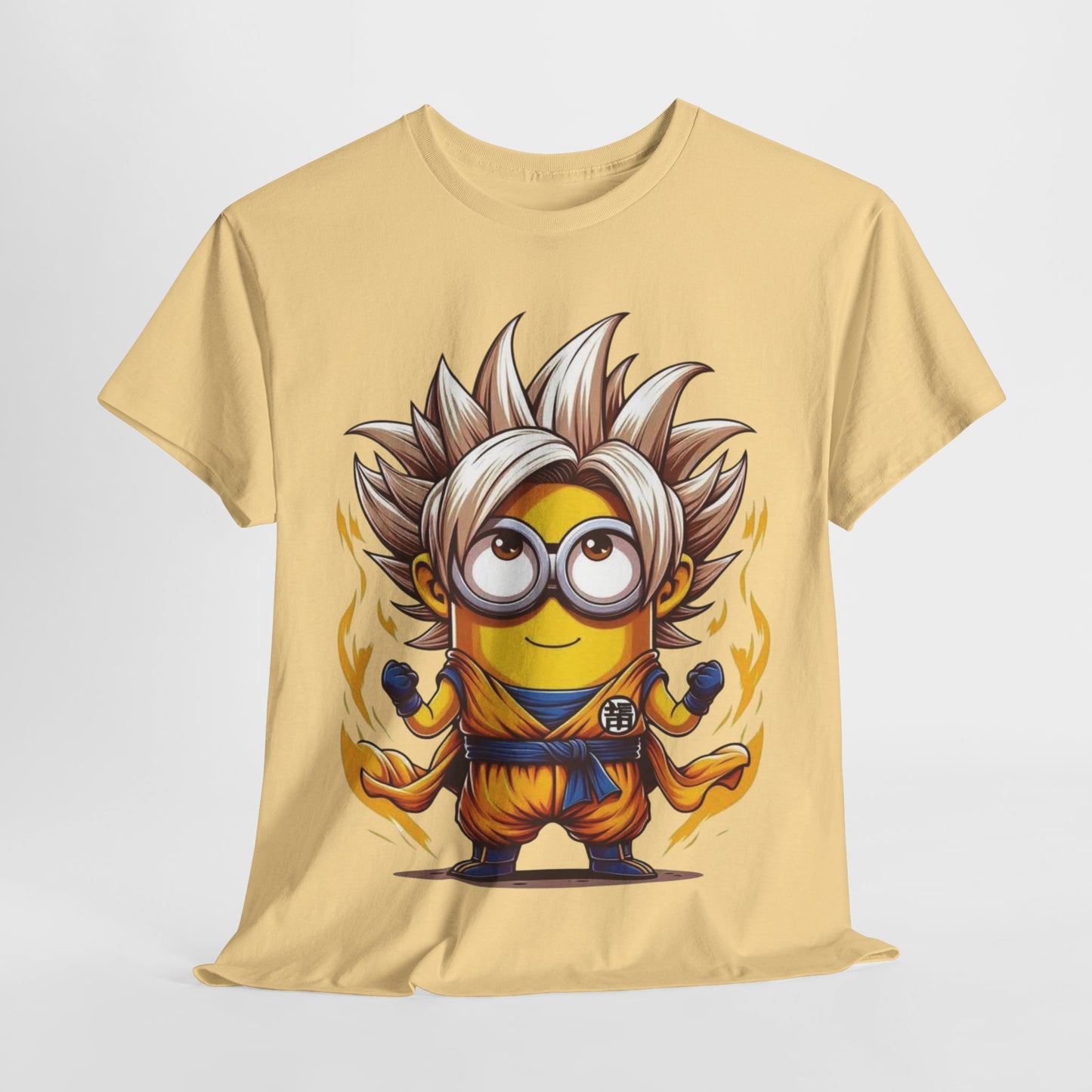 Minion´s Dragon Ball Z Mashup Unisex Men´s Women´s Graphic T Shirt Tee showcased in a sunny yellow shade, highlighting a cheerful Minion dressed in a Dragon Ball Z outfit with striking details, perfect for any fan. T Shirt, Funny, Minions.