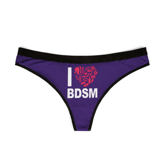Stylish thong with a vibrant purple hue and a striking 'I ❤️ BDSM' graphic, designed for those who embrace fun and flirtation in their lingerie choices.