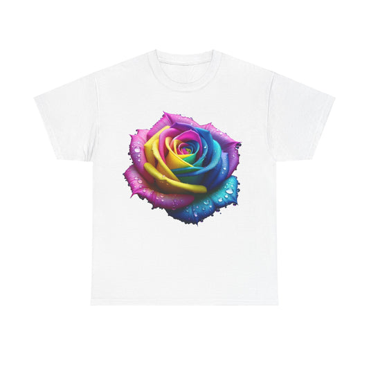 Close-Up of a Rainbow Rose Unisex Cotton Tee Graphic T Shirt Unisex featuring a stunning rainbow rose illustration with water droplets on a white background.