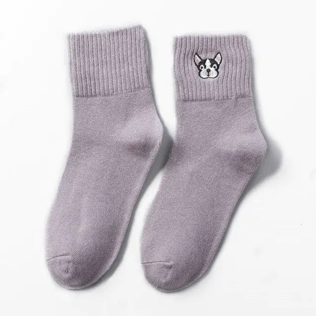 Cozy Women's Cotton French Bulldog Embroidered Socks in soft lavender, showcasing a whimsical French Bulldog embroidery on the cuff. A luxurious gift for dog lovers.