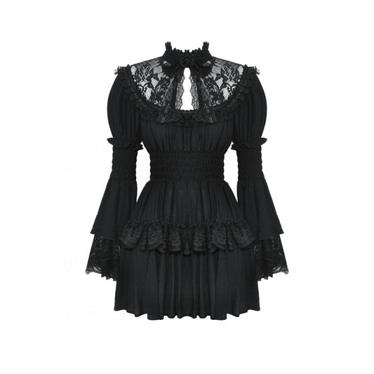 Close-up of the Dark In Love Arya Gothic dress highlighting its luxurious fabric blend of 80% polyester and 20% nylon, ideal for fashion enthusiasts.