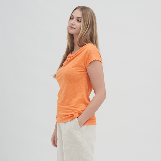 Elegant women's organic linen t-shirt, designed for comfort with a stylish cowl neck, perfect for warm weather.
