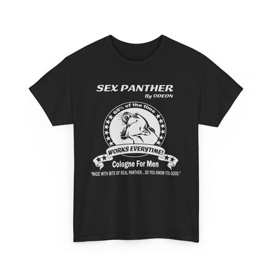 Elegant black graphic tee showcasing 'Sex Panther' by ODEON. The design includes an eye-catching panther illustration and witty phrases, making it a perfect blend of luxury and humour for fashion-forward individuals.