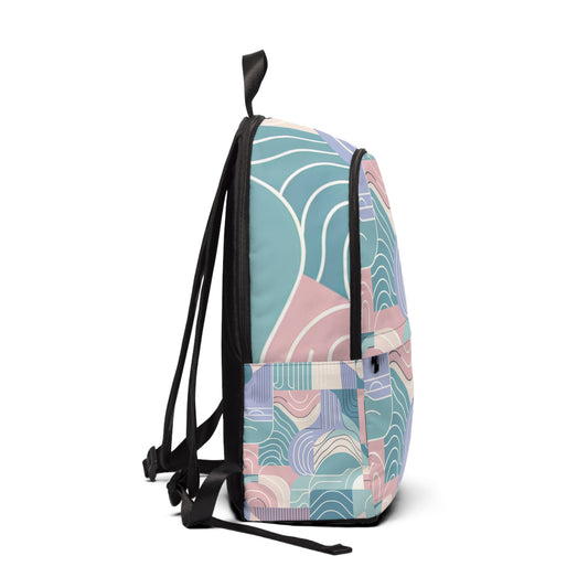 Interior view of the spacious pastel patterned backpack by Dazzling Dreams Studio, featuring dedicated laptop pocket and organised compartments for exceptional functionality.