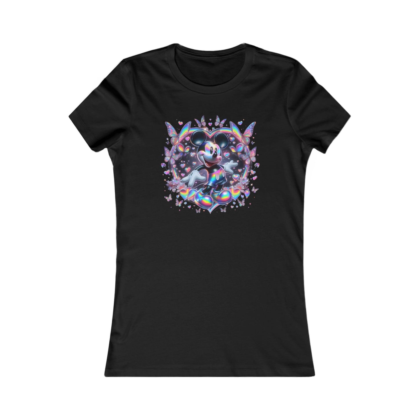 Iridescent Mickey Mouse Women's Cotton T Shirt Tee featuring a vibrant graphic design with iridescent butterflies and hearts, perfect for adding a whimsical touch to your wardrobe.