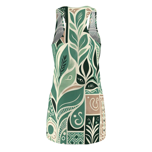 Back view of the Thea Sinclair Racerback Dress, highlighted by its elegant modern block print design in soothing pastel green, perfect for stylish occasions.