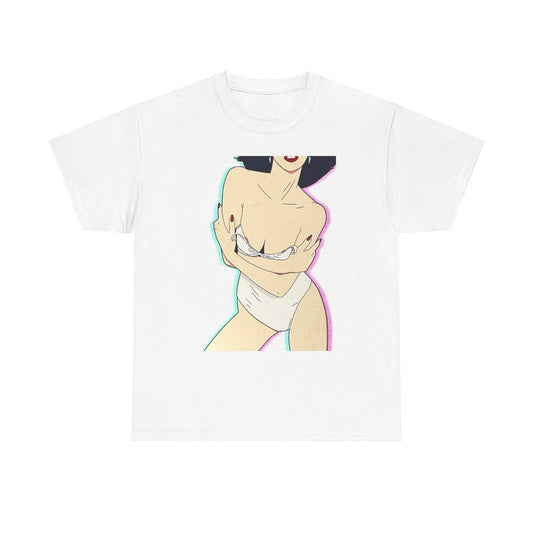 Premium unisex t-shirt showcasing an artistic graphic of a sophisticated female form in a captivating pose, set against a muted pastel background, embodying a blend of modern allure and classic pin-up aesthetics.