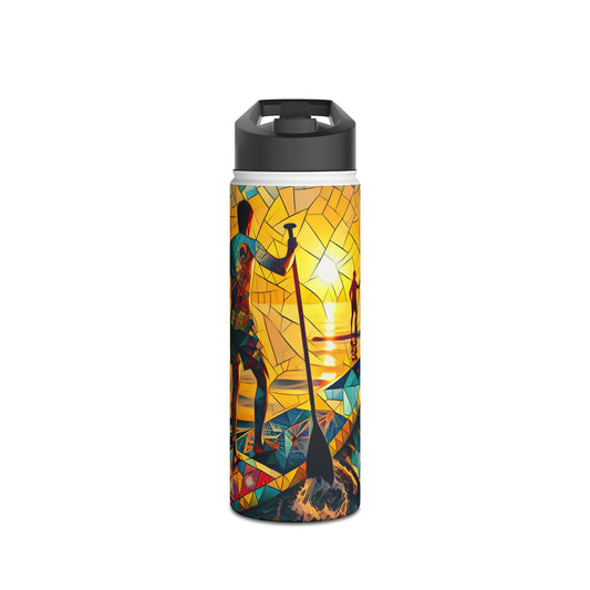 Elegant Fantasy Paddleboarding Stainless Steel Water Bottle showcasing a stunning mosaic art of a paddleboarder with vivid colours and a serene sunset, perfect for outdoor enthusiasts.