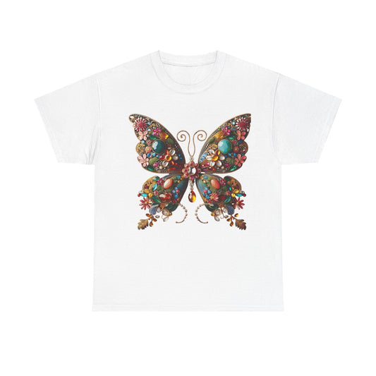 Luxurious unisex t-shirt featuring the 'Enchanting Butterfly Brooch' design, embellished with colorful gemstones and floral motifs on a pristine white background.