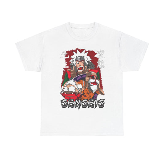 Elegant white anime graphic t-shirt showcasing dynamic characters with expressive faces, designed with a trendy and artistic flair for anime lovers.