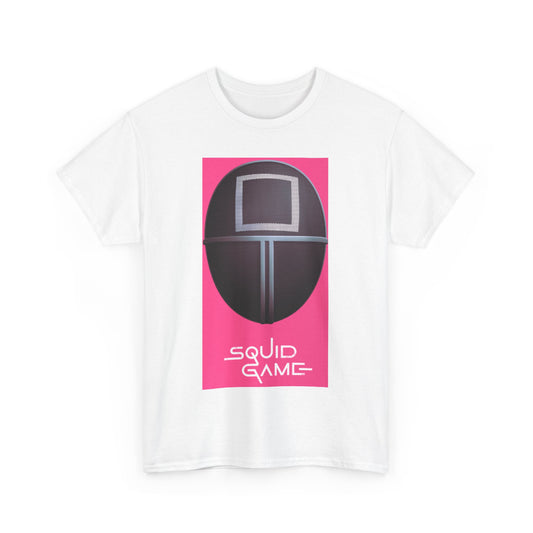 Squid Game Unisex Men’s Women’s Graphic Cotton Funny T Shirt Tee displays an iconic design inspired by the hit Netflix series on a white cotton background, perfect for street urban style.