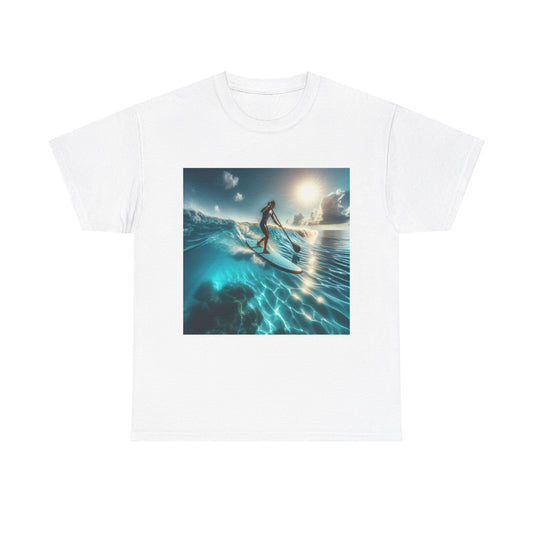 Delightful Paddle Board T-Shirt in white showcasing a stunning paddleboarding scene, ideal for those who cherish outdoor adventures.