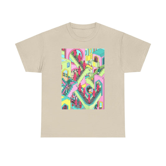 Stylish and artistic Squid Game-themed cotton t-shirt showcasing a vibrant design with whimsical characters and elaborate staircase illustrations.