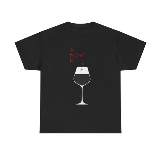 Elegant black graphic tee for women showcasing the 'And Now Wine' slogan with a sophisticated wine glass motif, ideal for relaxed social occasions.