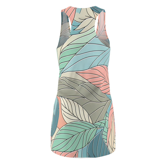 Emilia Valentina Racerback Dress with Leaf Pattern in Pastel Hues - Captivating detail of the soft fabric highlighting the pastel hues and graceful aesthetics.