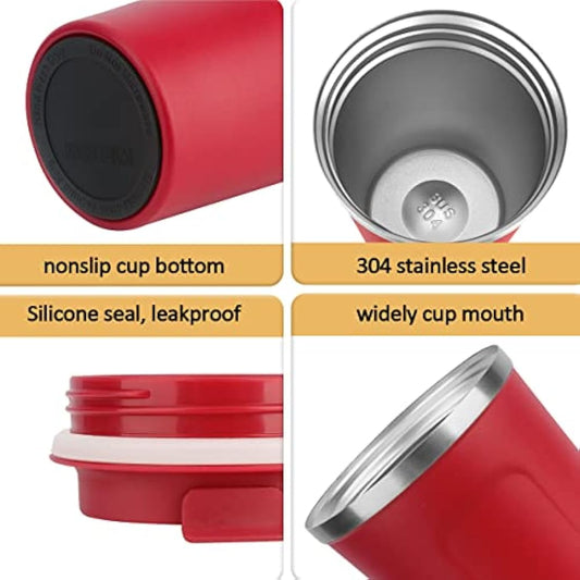 MOMSIV Coffee Cup, 380ml Stainless Steel Coffee Mug with Leak-Proof Lid, Insulated Vacuum Leakproof Travel Mug, Double-Walled Insulated Car Mug for Coffee, Tea Water (Red)