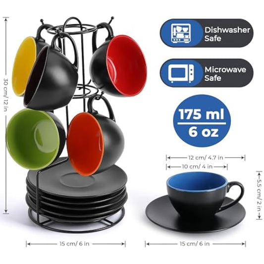 MIAMIO - Set of 6, Ceramic Stackable Cappuccino Cups Set / 175 ml Cappuccino Mugs and Saucer with Metal Stand for Coffee Drinks, Cappuccino, Latte, Americano and Tea - Le Papillon Collection (Mixed)