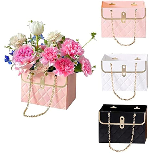 4PCS Flower Paper Box CTDMJ Paper Flower Gift Bags Box Metal Chain Floral Arrangements Bouquets Bag Florist Bag Bouquet Storage Bucket Wedding Party Gift Wrap Bag (3 Colors), black white pink