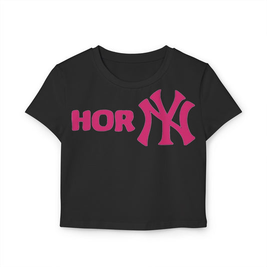 Playful Yankees Women's Cropped T-Shirt, a sassy organic cotton tee perfect for flaunting your cheeky charm in a vibrant magenta colour!