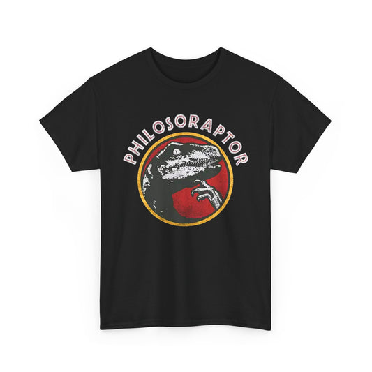 Philosoraptor Funny Mens Womens Graphic T-Shirt Unisex Cotton featuring a striking velociraptor design on a black background, perfect for urban street fashion.