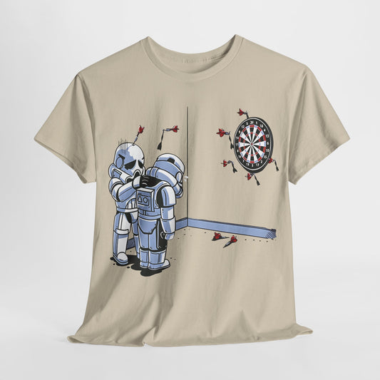 Luxury Stormtrooper Melancholy Star Wars Graphic T-Shirt in beige, showcasing a striking illustration of two Stormtroopers against a dartboard, evoking emotional depth.