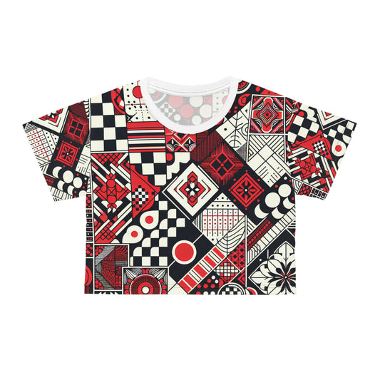 Close-up detail of the artistic patterns on the Valeria Belmonte 100% Polyester T-Shirt, featuring bold checkerboard motifs and intricate block prints.