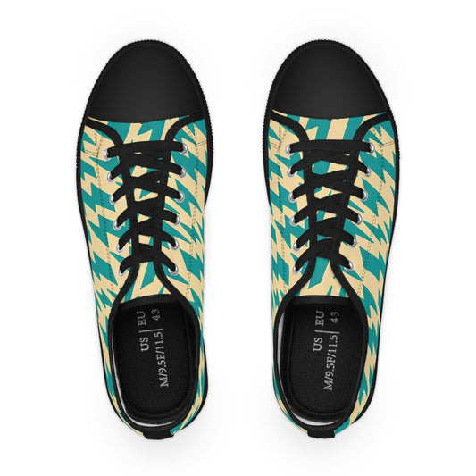 Top view of the Pop Art Bolt Low-Top Sneakers for Men, highlighting the striking turquoise lightning bolt pattern against the beige background, designed for modern elegance.