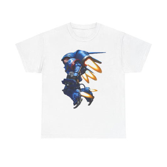 Elegant unisex graphic tee showcasing a futuristic blue robot illustration with vivid details and fiery accents, ideal for fashion-forward individuals.