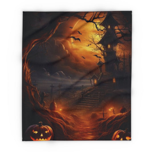 Decorative and Warm Halloween Spooky Arctic Fleece Blanket showcasing a captivating Halloween landscape with a mystical mansion illuminated by a crescent moon, complemented by sinister pumpkins and flying bats, ideal for a sophisticated holiday atmosphere.