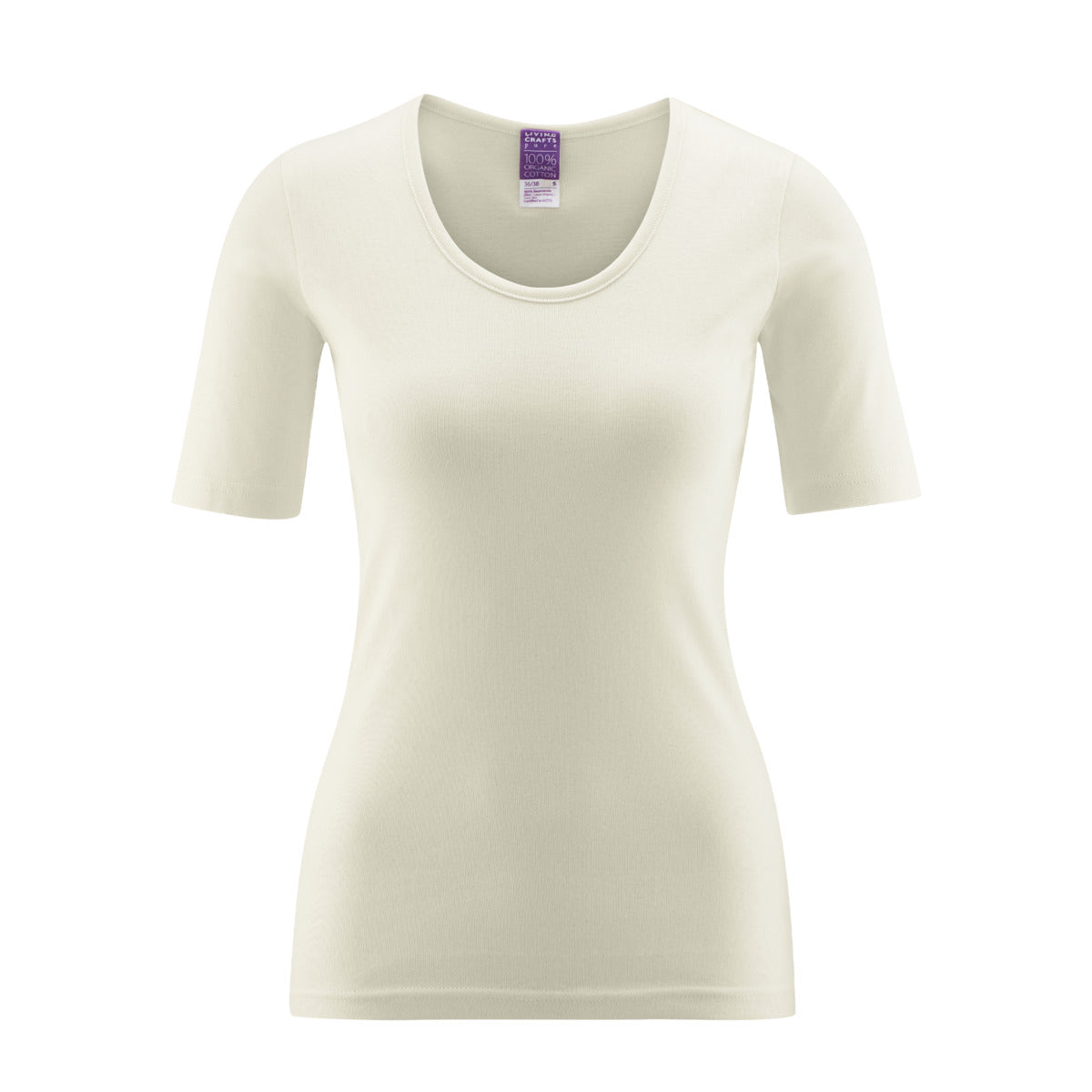Close-up of the luxurious organic cotton fabric of the women's base layer t-shirt, highlighting its gentle texture and elegant style.