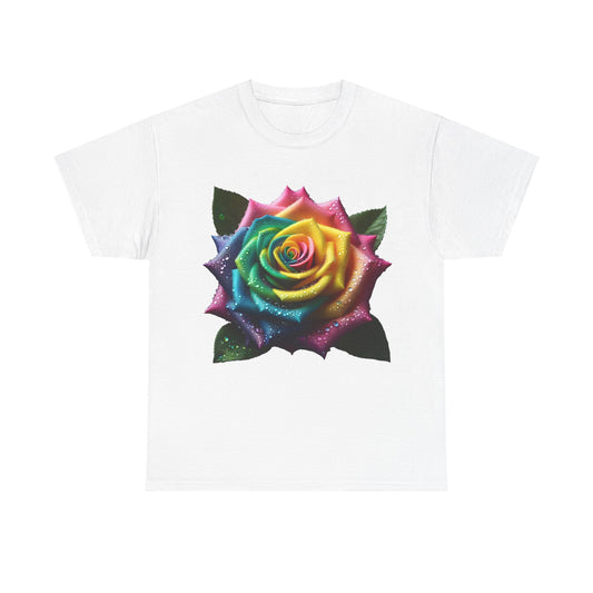 Rainbow Rose Unisex Cotton Tee Graphic T Shirt Unisex showcasing a stunning rainbow rose illustration embellished with water droplets on pure white cotton.