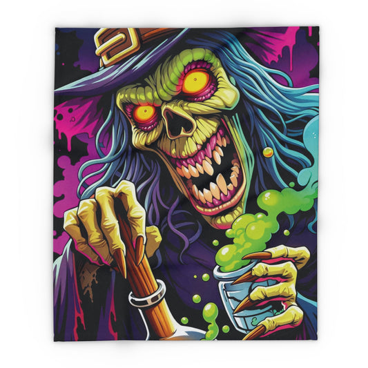 Decorative and Warm Halloween Spooky Arctic Fleece Blanket showcasing an eye-catching design of a sinister-looking witch with bright eyes, embraced by swirling green smoke. An elegant choice for festive autumnal comfort.