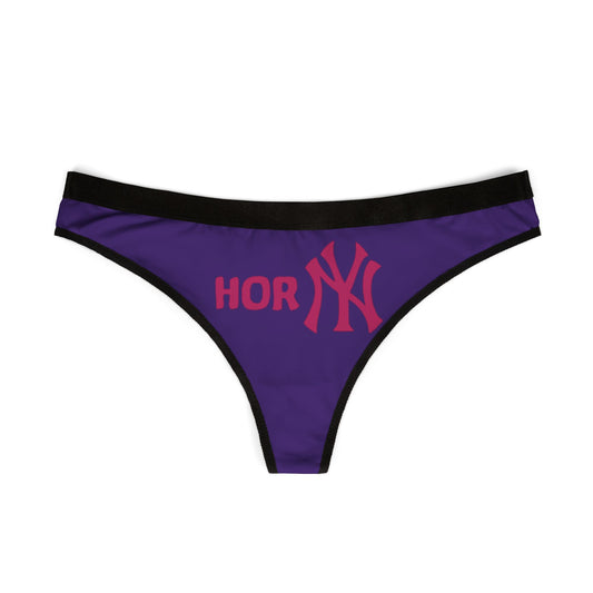Elegant women's thong panties in purple, showcasing the bold 'Horny' graphic design alongside the iconic New York Yankees motif, designed for confident self-expression.