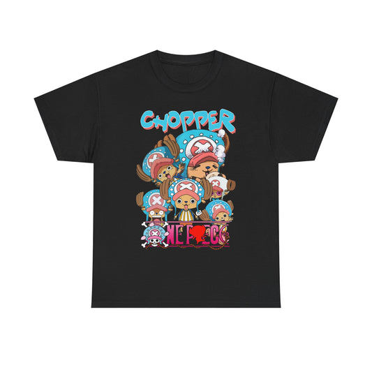 Elegant black t-shirt featuring Chopper in charming poses, eye-catching typography and whimsical details, ideal for sophisticated anime fans.