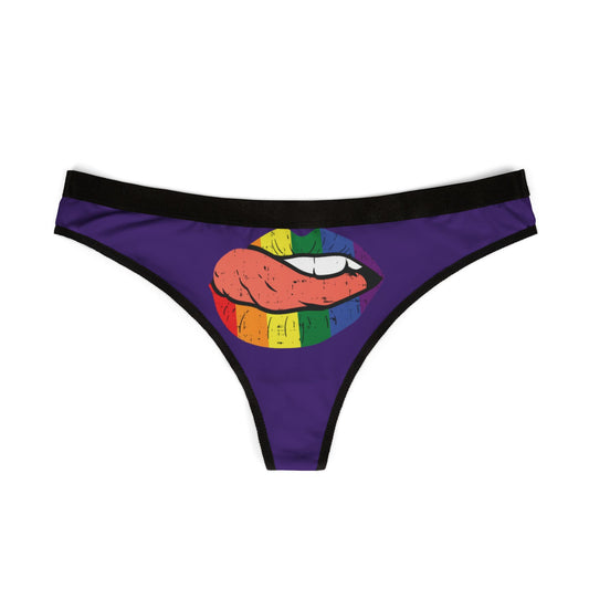 Elegant women's thong with a striking rainbow lip design on a deep purple base, perfect for adding a cheeky touch to romantic moments.
