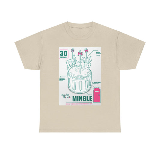 Sophisticated unisex t-shirt inspired by Squid Game, showcasing an artistic carousel image with a stylish colour scheme, perfect for making a statement.
