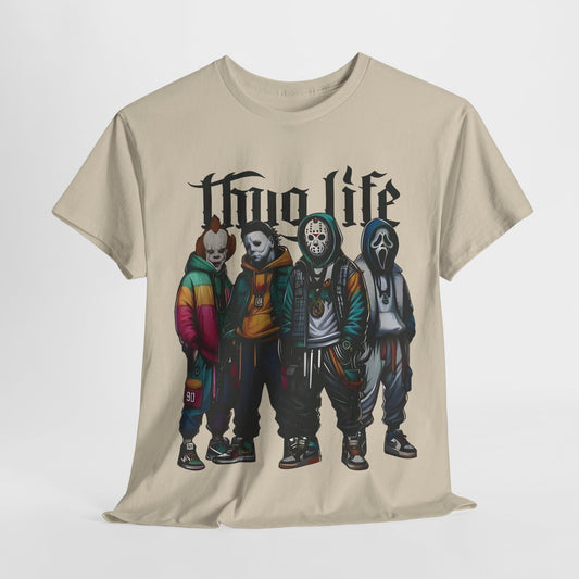Luxurious Thug Life Horror Characters Graphic T-Shirt showcasing iconic horror figures in urban streetwear style, perfect for a trendy unisex wardrobe.