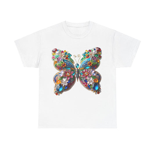Enchanting Butterfly Brooch Unisex T Shirt Graphic Tee in white showcasing a beautifully detailed butterfly design embellished with vibrant jewels and flowers, perfect for adding elegance to any outfit.