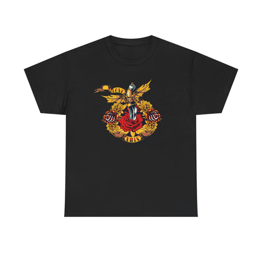 Luxurious black t-shirt featuring an ornate dagger design surrounded by vibrant roses, embellished with a golden ribbon inscribed with 'LOVE KILLS' — a bold statement piece for stylish individuals.