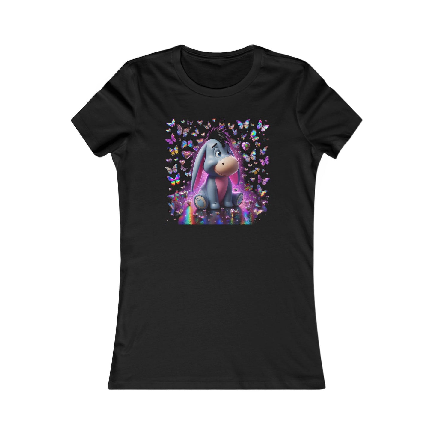 Elegant Iridescent Magic Eeyore Women's Cotton T Shirt Tee featuring a charming cartoon Eeyore amidst a backdrop of iridescent butterflies and glimmering hearts, perfectly embodying whimsy and creativity.