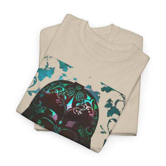 Luxurious Star Wars Vader art graphic t-shirt showcasing a stunning close-up of a stylized Darth Vader helmet with intricate floral designs on a soft cream backdrop.