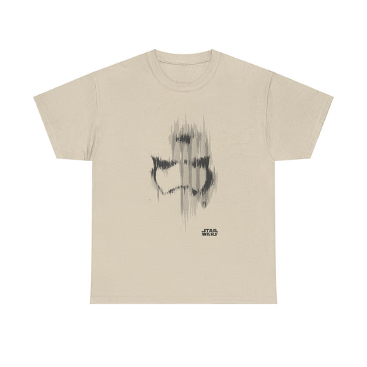 Elegant Star Wars Stormtrooper Glitch Effect T-Shirt in beige, featuring a contemporary glitch design of a Stormtrooper helmet, ideal for stylish sci-fi fans.