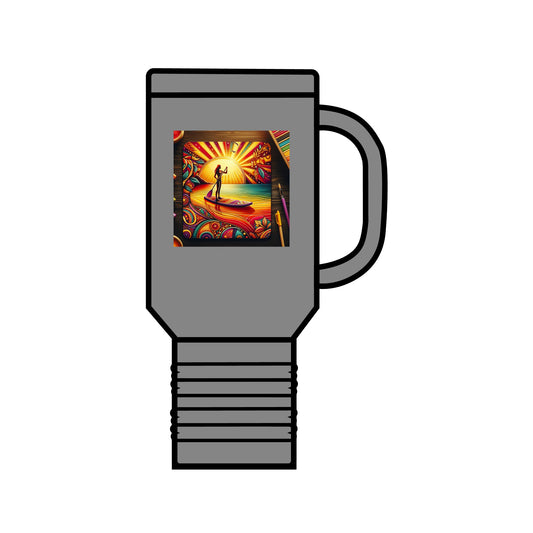 Fantasy Paddleboarding 40oz Insulated Travel Mug in a sleek grey finish, featuring an artistic design with vibrant colours, perfect for outdoor enthusiasts.