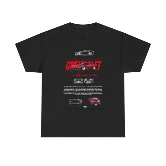Elegant black men's T-shirt adorned with a striking Chevrolet Corvette C6 graphic and detailed technical illustrations, embodying the spirit of automotive excellence and style.