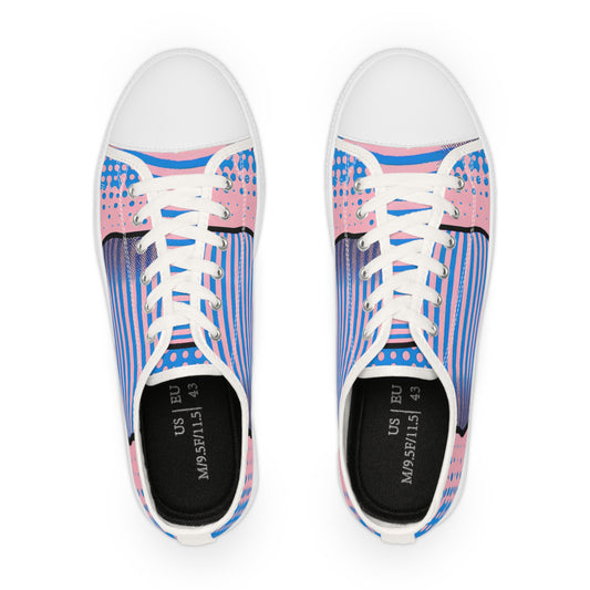 Top view of Zara Boltstrike - Luxury Men's Low Top Sneakers showcasing vibrant blue base with pastel pink pinstripes, highlighting the cushioned insole and elegant lacing, ideal for stylish comfort.