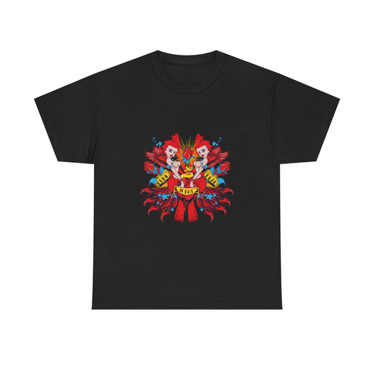 Elegant black t-shirt showcasing a striking graphic of enchanting cherubs embracing a heart, highlighted with bold reds and gold accents, embodying a chic rebellious spirit.