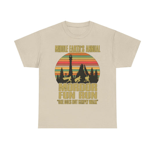 Stylish cream unisex tee shirt displaying ‘Mordor Annual Fun Run’ in a retro graphic, showcasing dramatic silhouettes against pastel stripes, ideal for Tolkien enthusiasts.