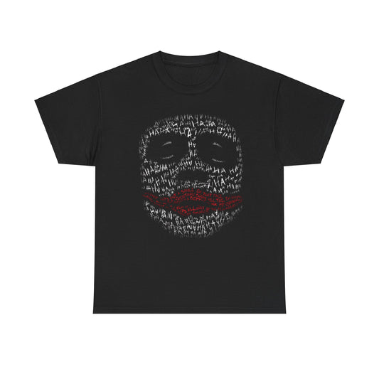 Elegant black tee showcasing an artistic representation of a sinister grin, detailed with contrasting red text and a playful font, perfect for stylish casual wear.